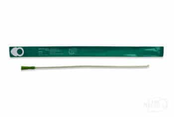 Coloplast Speedicath Coude Catheter with green package and bent tip on catheter