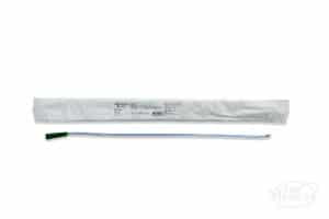 Coloplast Self-Cath Olive Tip Coude Catheter with green funnel and shown with package