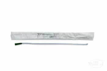 Coloplast Self-Cath Olive Tip Coude Catheters with green funnel and shown with package