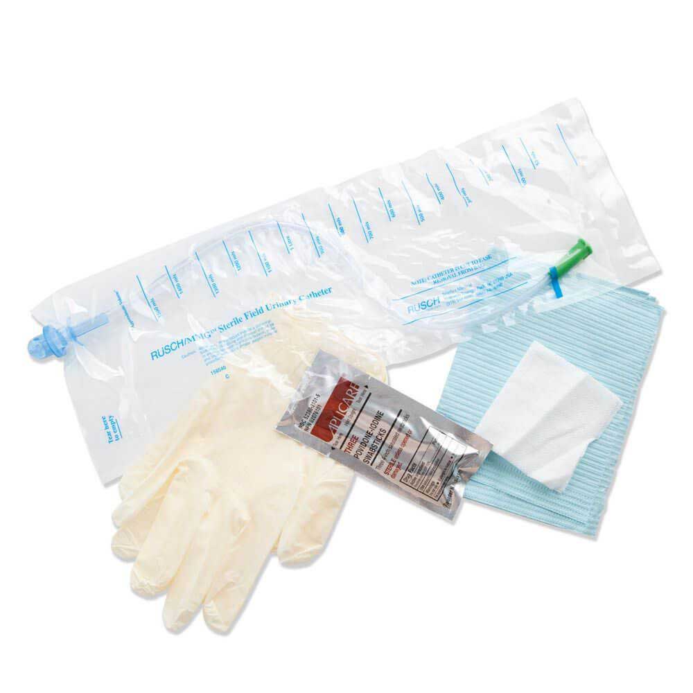 MMG RLA 1423 male hydrophilic closed system catheter with insertion supplies and attached bag