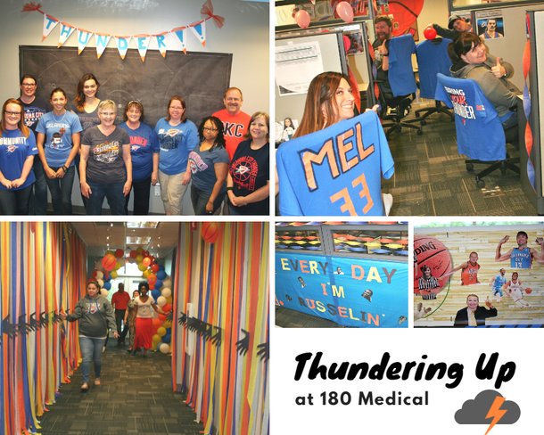 180 Medical employees thundering up in orange and blue