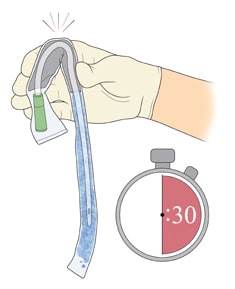 illustration of direction to wait 30 seconds while hydrophilic catheter activates with water