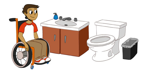 illustration of child in wheelchair in restroom