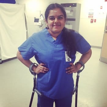 180 Medical Scholarship Recipient Megha uses crutches due to having spina bifida