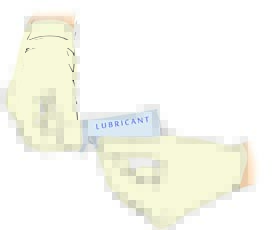 Hands with gloves opening lubricant packet for straight cath