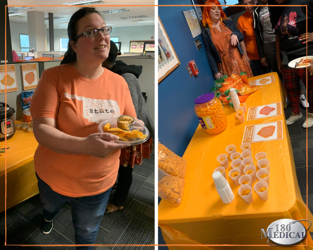 180 Medical employees in orange and having orange snacks as part of MS Awareness Day in 2020