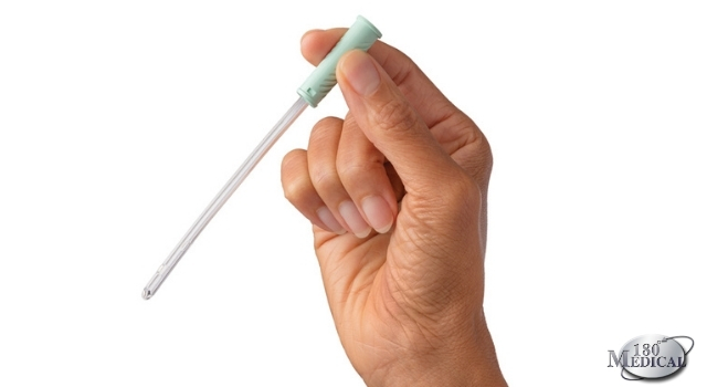hand holding up the hollister infyna chic catheter by its funnel