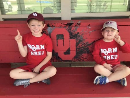 Leah's kids and her homemade OU bench