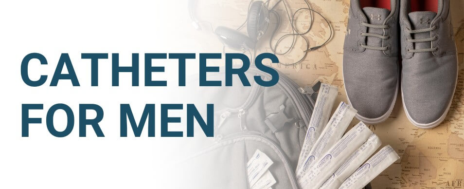 catheters for men in a backback by shoes and headphones