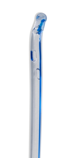 Close-up of olive tip coudé insertion tip on intermittent catheter